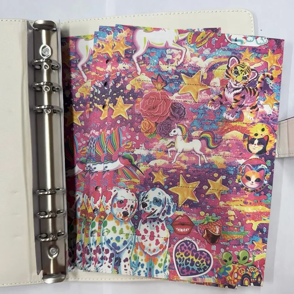 Lisa Frank A5 binder with matching printed paper and canvas tote bag